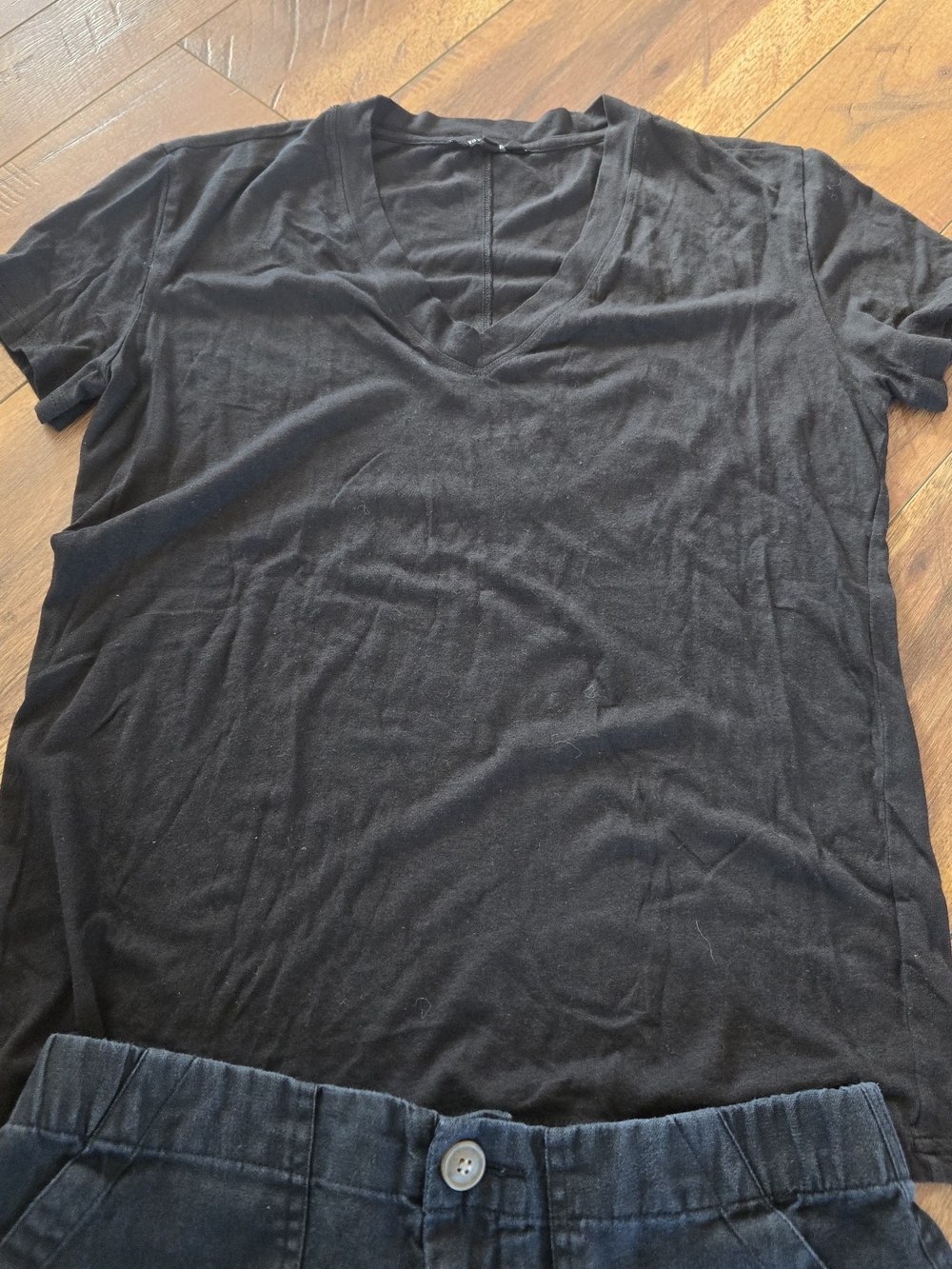 Not Monday Classic Black V-Neck Tee And Black Linen Shorts
